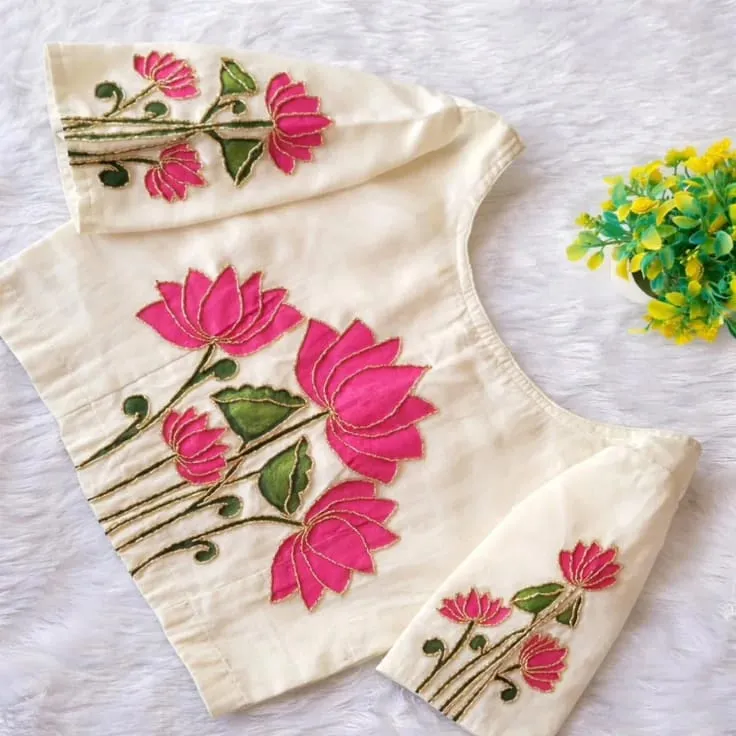 Off White Silk Lotus Work Saree Blouse - Pink Lotus Applique & Zardosi Embroidered Designer Blouse