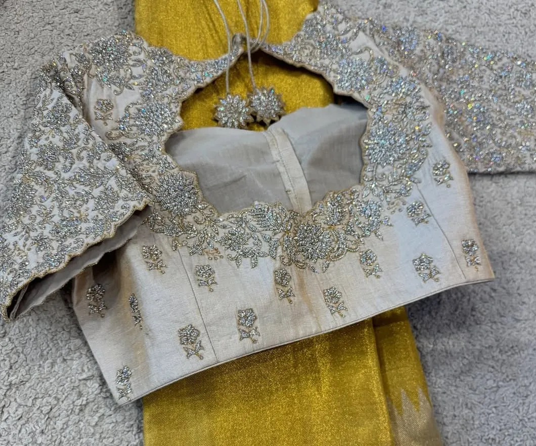Off-White Silver Heavy Aari Work Blouse – Scalloped Cutout Back Wedding Saree Blouse 1