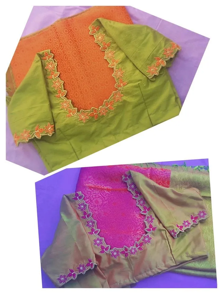 Olive Green Silk Blouse with Orange Floral Scallop Cutwork Embroidery