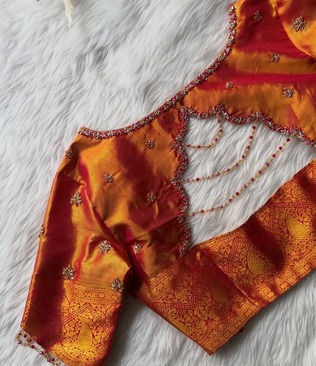 Orange Dual Tone Silk Maggam Work Blouse - Scalloped Back with Hanging Bead Chain Saree Blouse