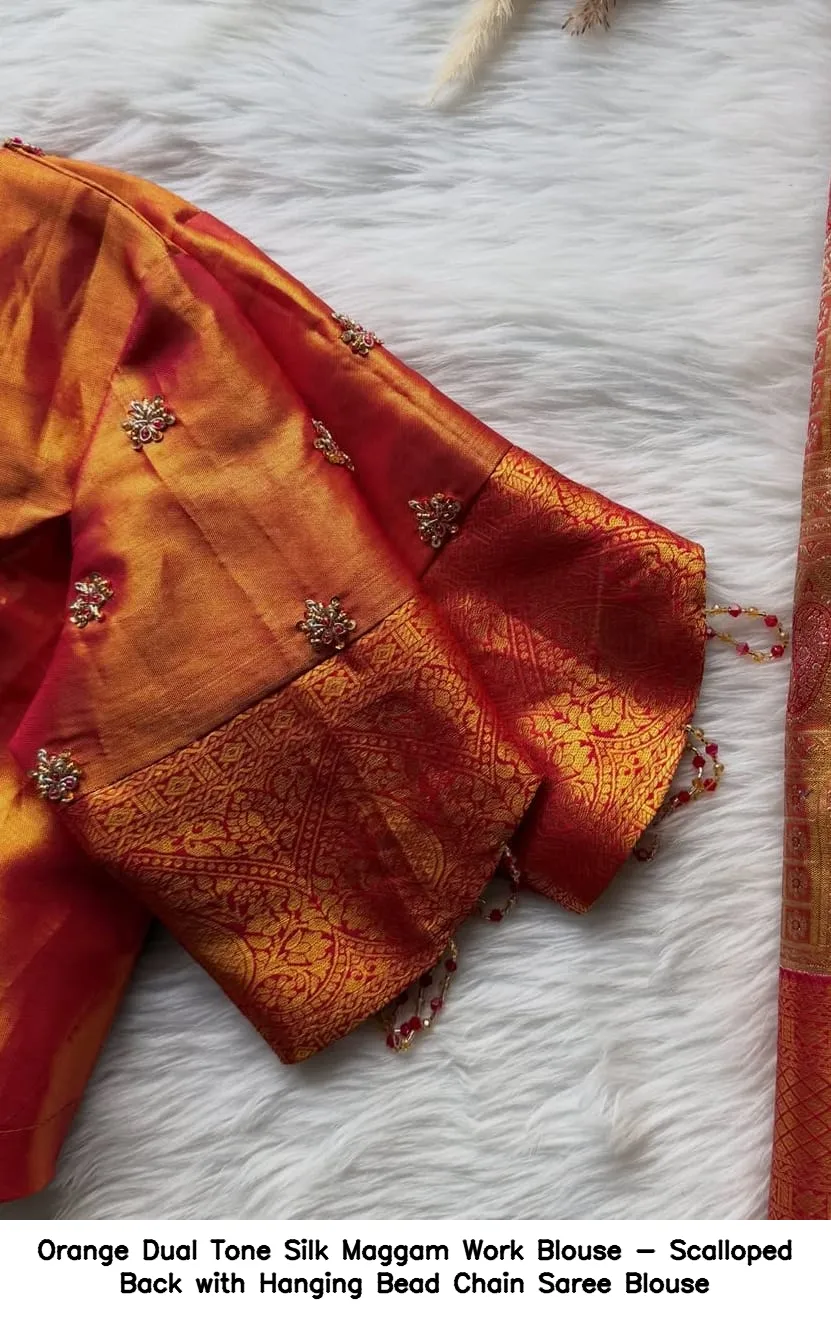 Orange Dual Tone Silk Maggam Work Blouse - Scalloped Back with Hanging Bead Chain Saree Blouse 2