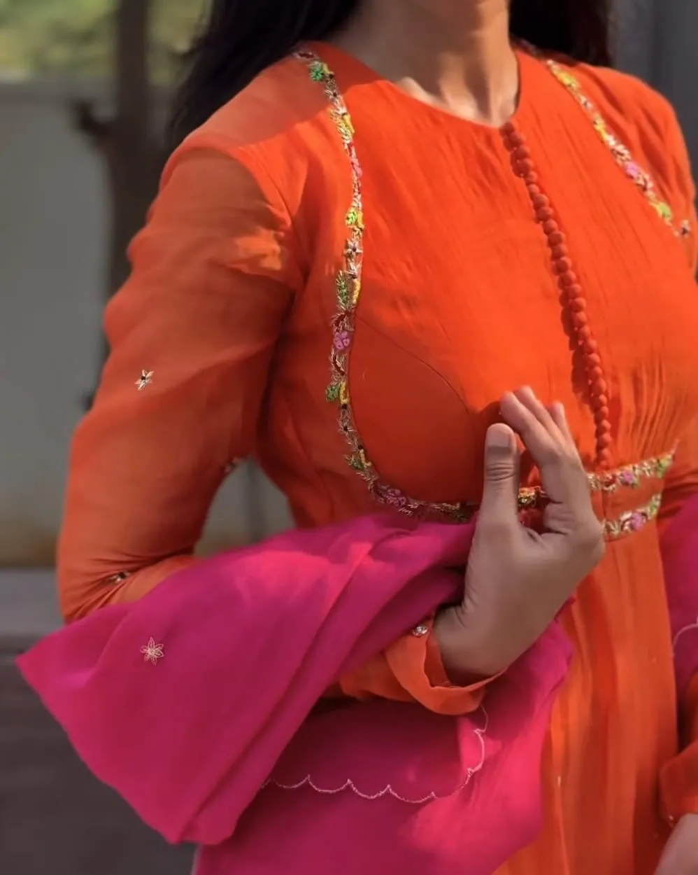 Orange Embroidered Anarkali Suit with Pink Organza Dupatta | Designer Festive Wear 1