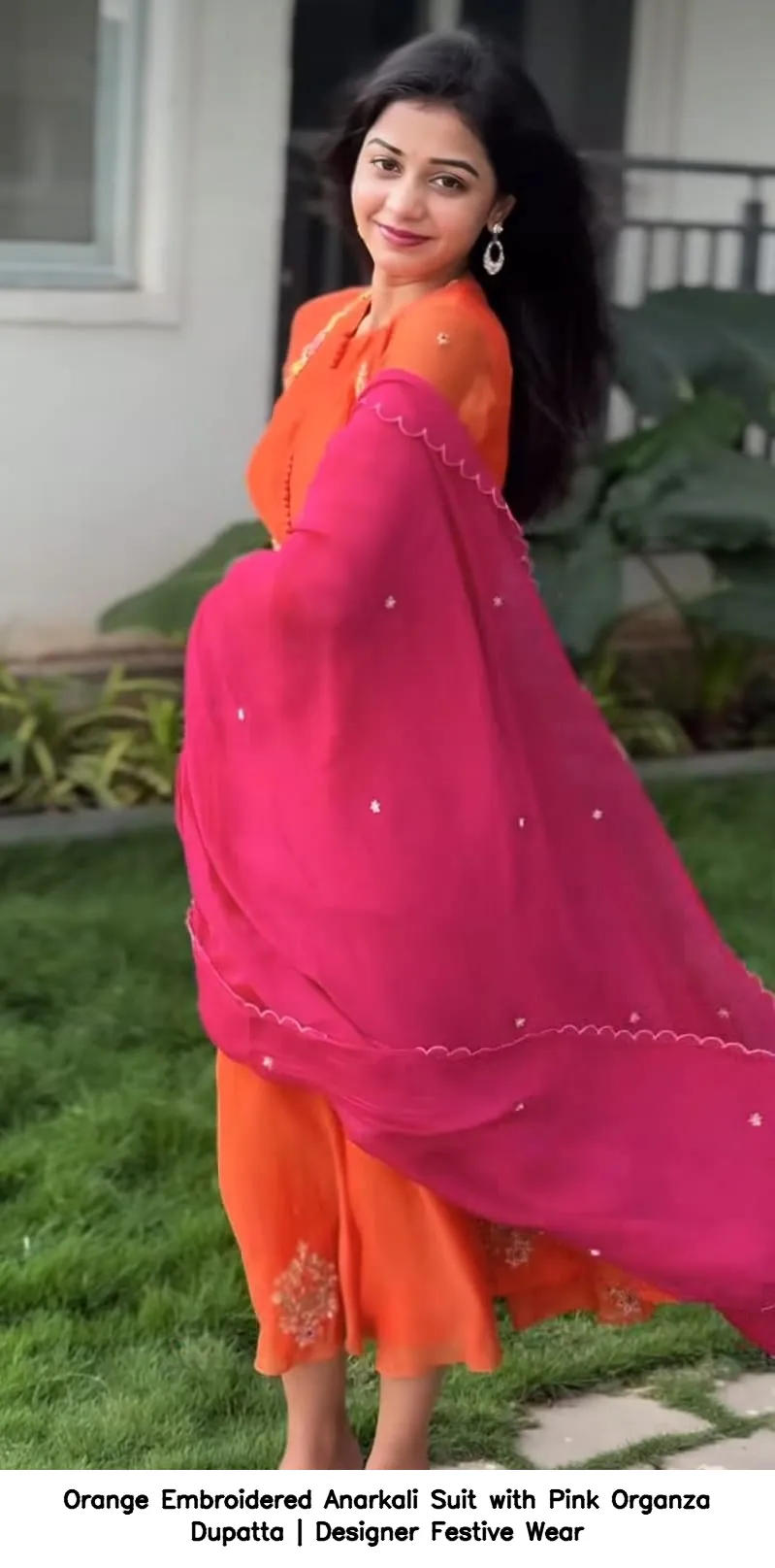 Orange Embroidered Anarkali Suit with Pink Organza Dupatta | Designer Festive Wear 2