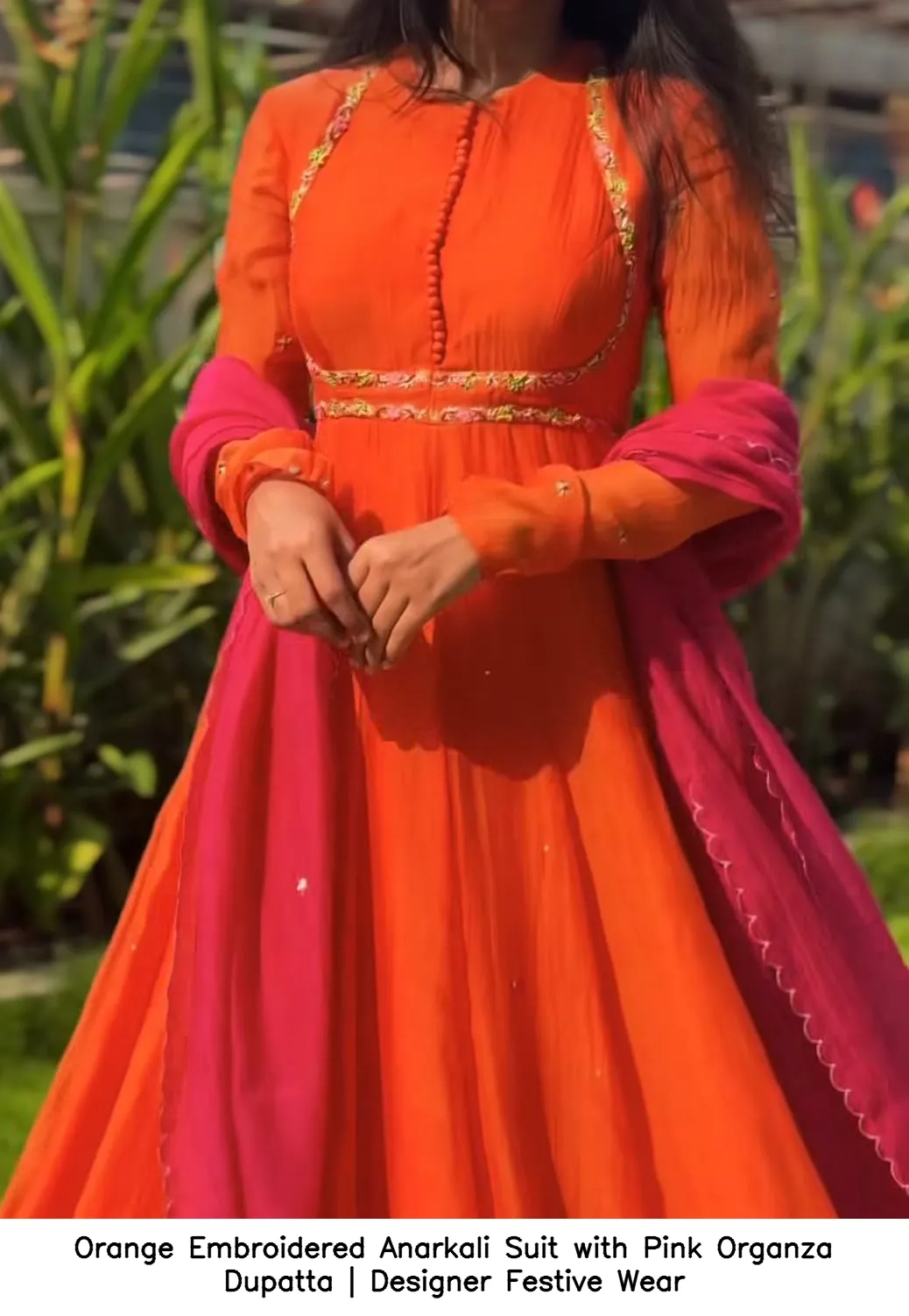 Orange Embroidered Anarkali Suit with Pink Organza Dupatta | Designer Festive Wear 3