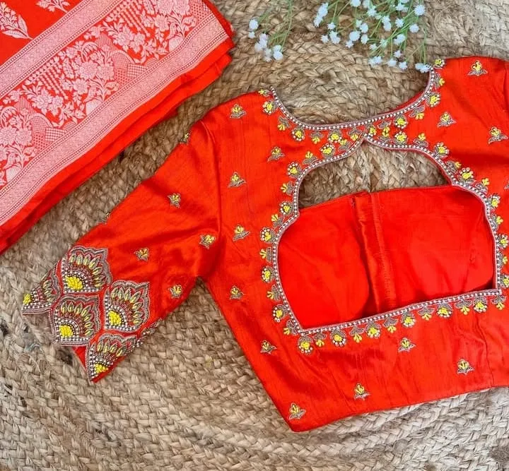 Orange Raw Silk Blouse with Scallop Lotus Sleeve Embroidery | Readymade Aari Work Saree Blouse