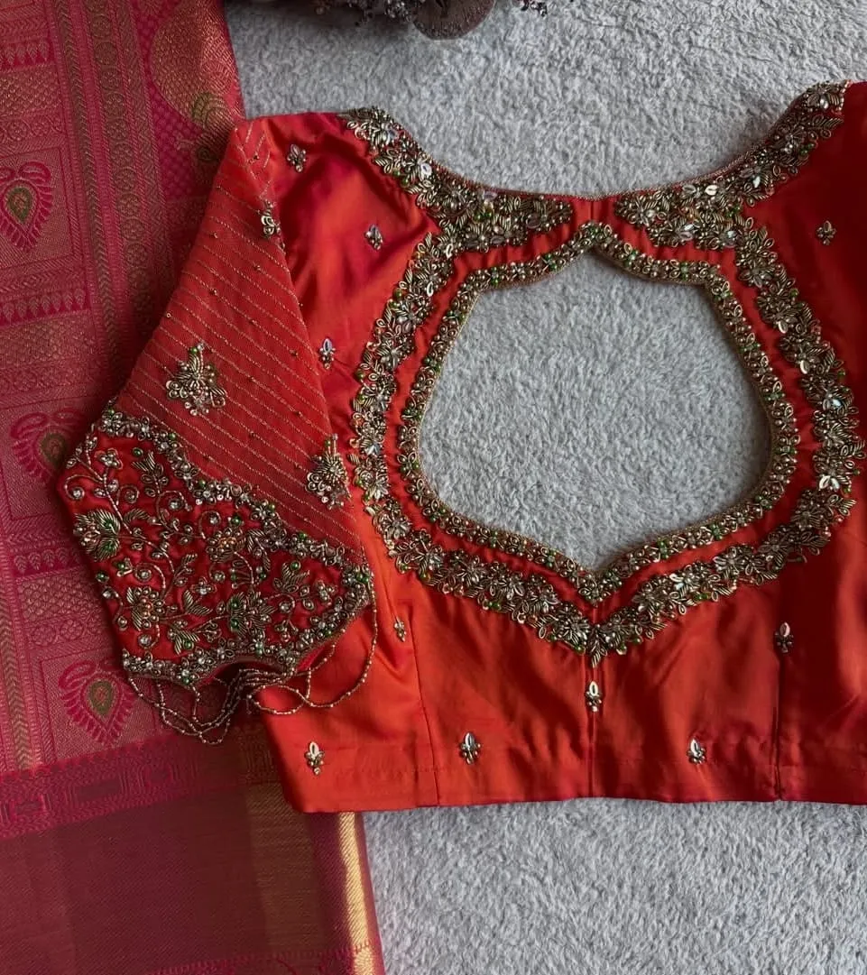 Orange Red Silk Bridal Saree Blouse – Heavy Aari Work Hanging Bead Sleeve Choli 1