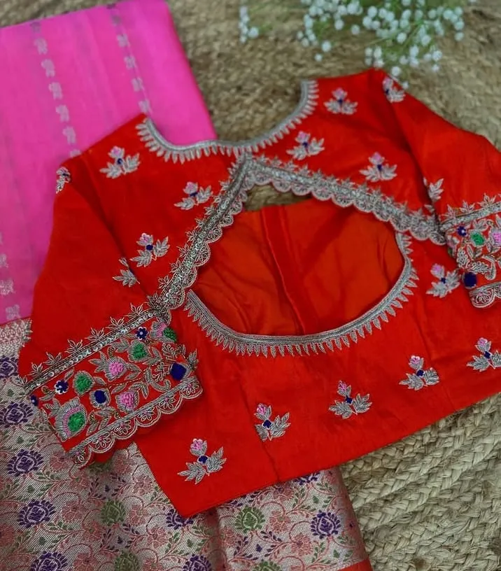 Orange Scallop Cutwork Blouse - Handcrafted Silver Zardosi Silk Saree Blouse