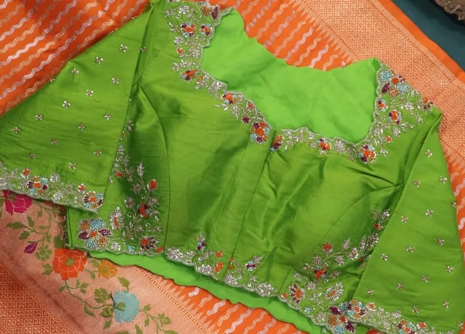 Parrot Green Hand Embroidered Raw Silk Blouse with Scallop Neck & Heavy Maggam Work | Designer Partywear Saree Blouse