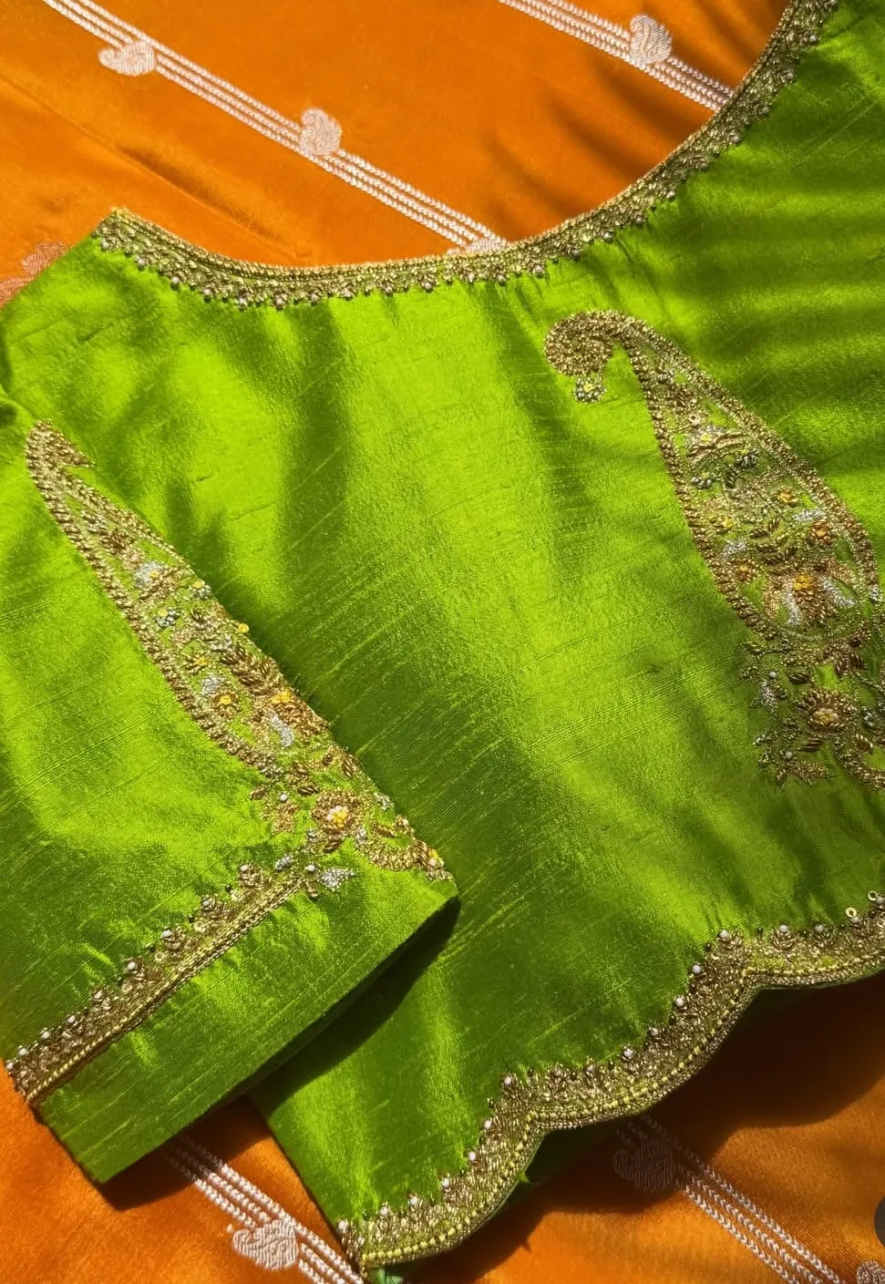 Parrot Green Raw Silk Designer Blouse with Intricate Aari and Zardosi Paisley Embroidery
