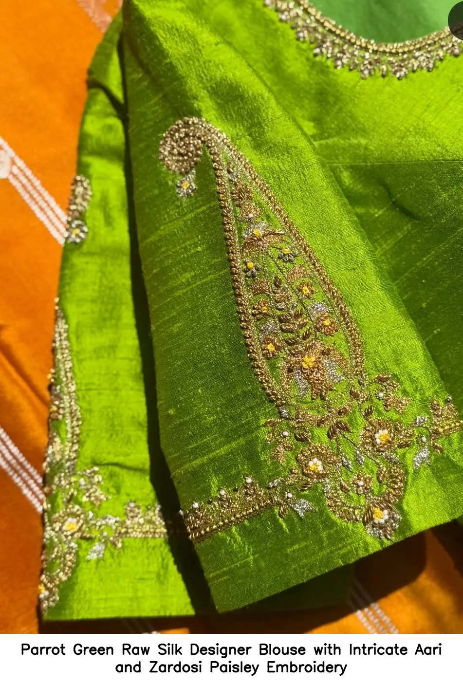 Parrot Green Raw Silk Designer Blouse with Intricate Aari and Zardosi Paisley Embroidery 2
