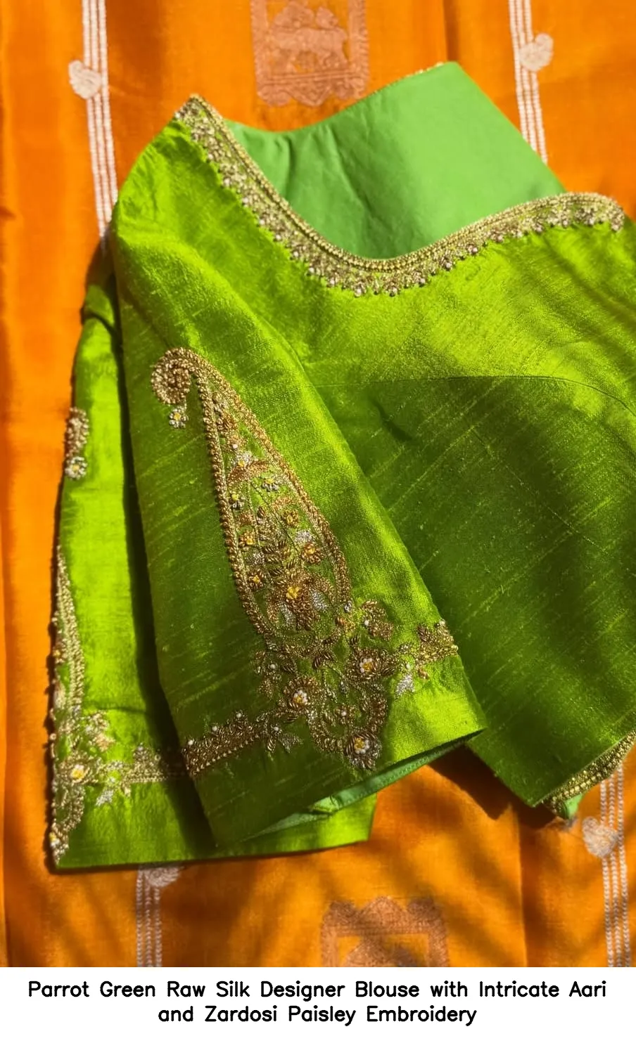 Parrot Green Raw Silk Designer Blouse with Intricate Aari and Zardosi Paisley Embroidery 3