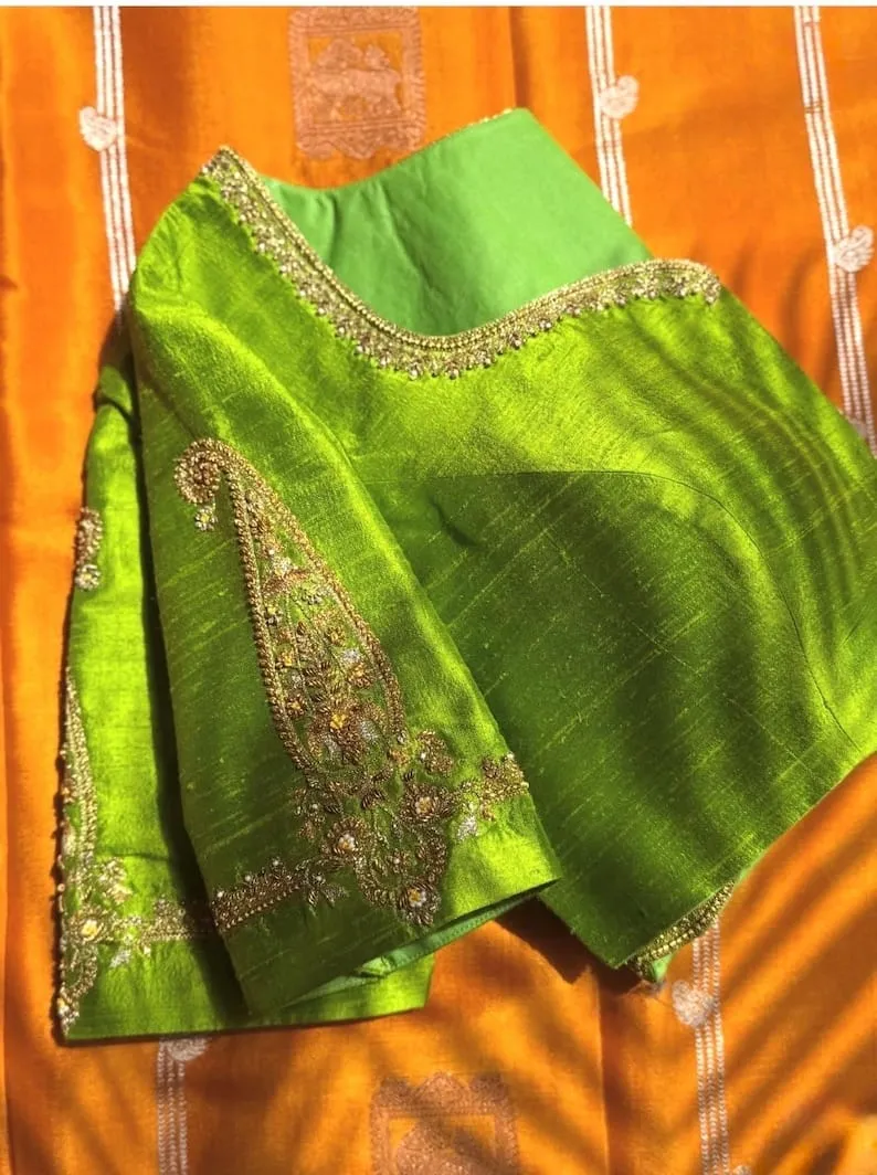 Parrot Green Raw Silk Saree Blouse with Mango Motif | Scalloped Hem Aari Work Silk Blouse