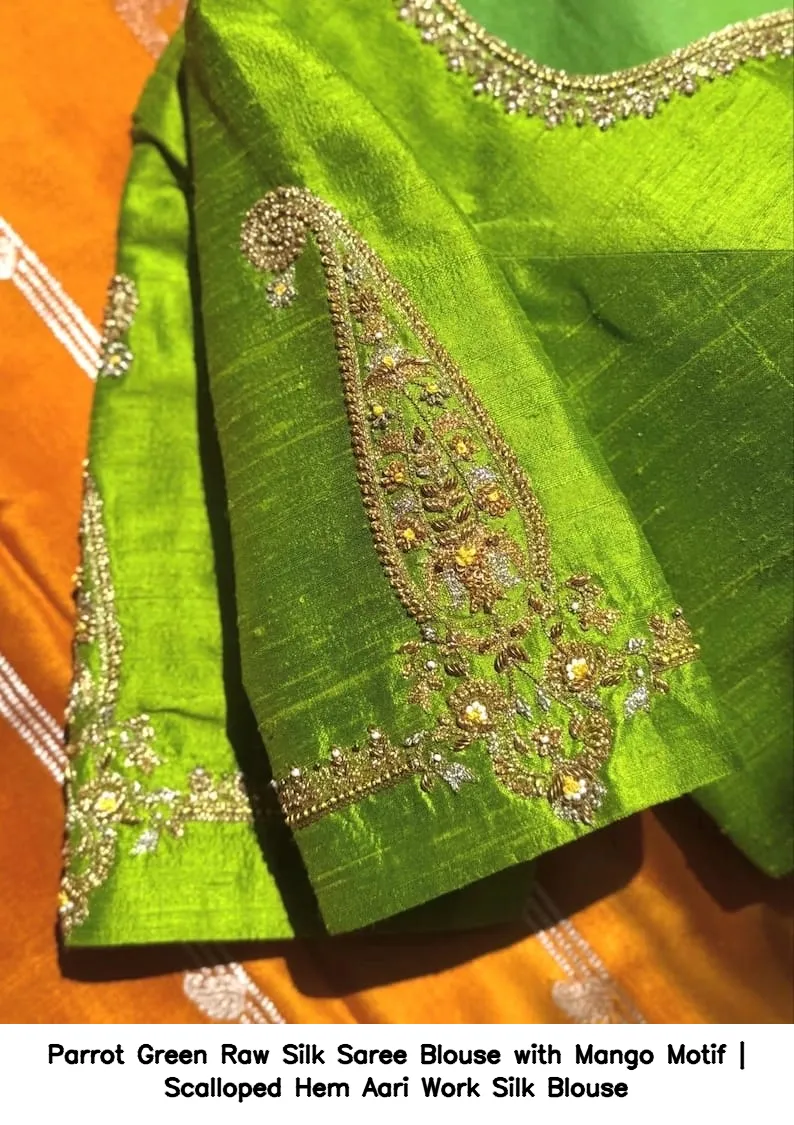 Parrot Green Raw Silk Saree Blouse with Mango Motif | Scalloped Hem Aari Work Silk Blouse 3