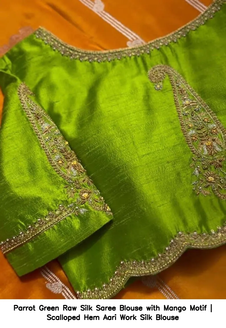Parrot Green Raw Silk Saree Blouse with Mango Motif | Scalloped Hem Aari Work Silk Blouse 4
