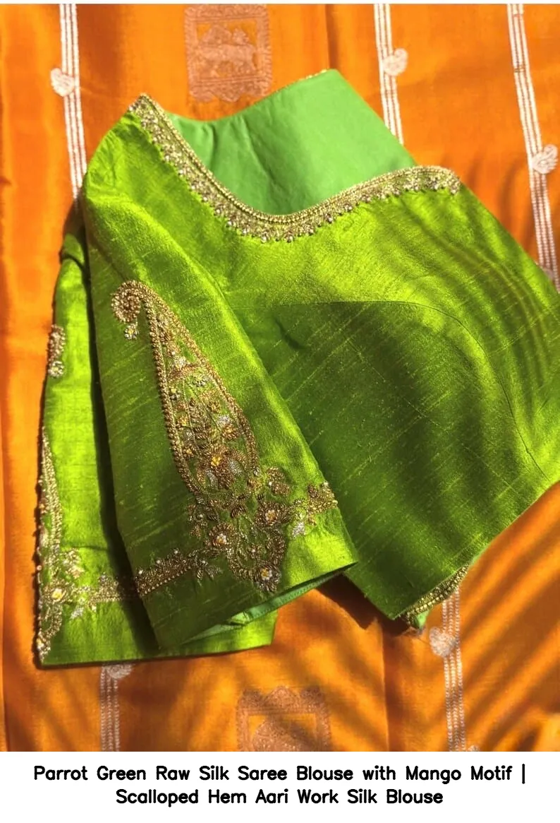 Parrot Green Raw Silk Saree Blouse with Mango Motif | Scalloped Hem Aari Work Silk Blouse 5