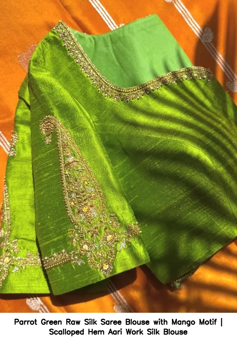 Parrot Green Raw Silk Saree Blouse with Mango Motif | Scalloped Hem Aari Work Silk Blouse 6