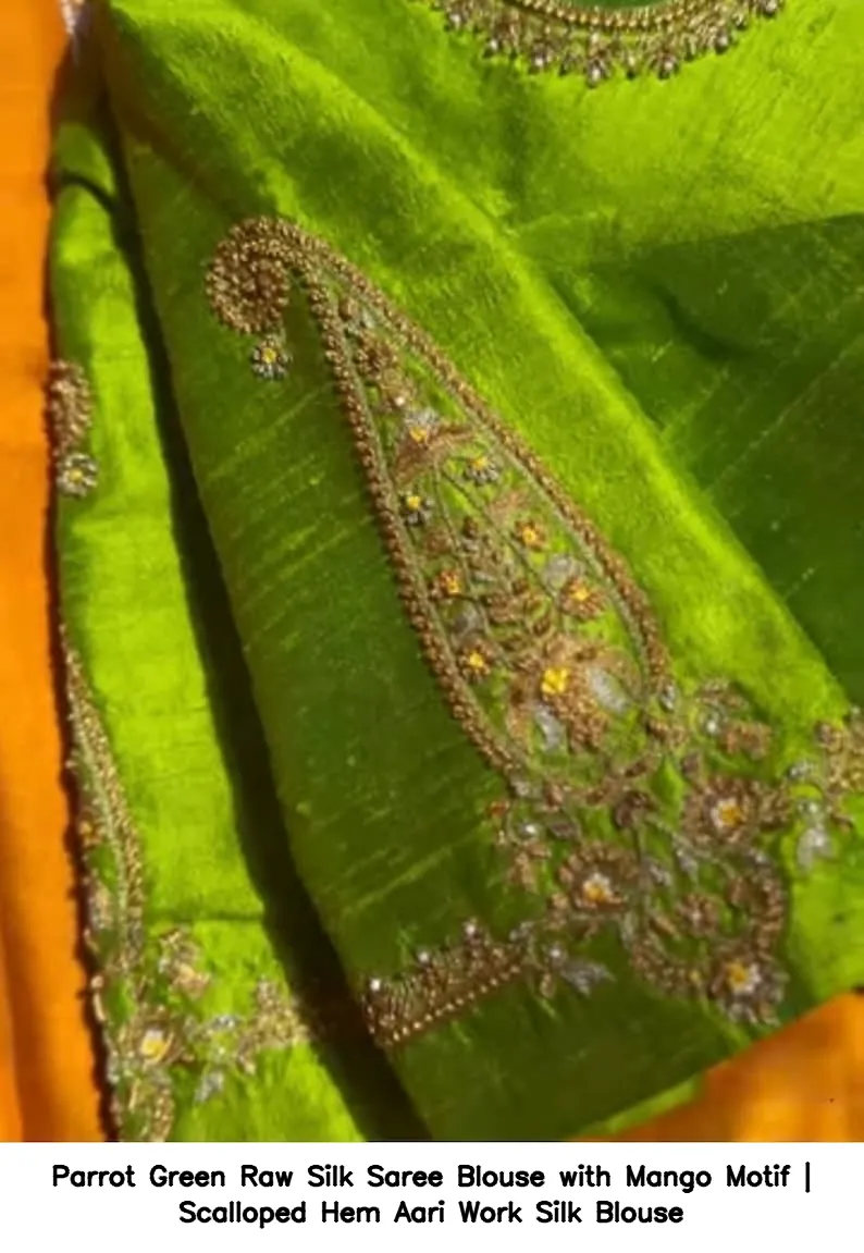 Parrot Green Raw Silk Saree Blouse with Mango Motif | Scalloped Hem Aari Work Silk Blouse 7