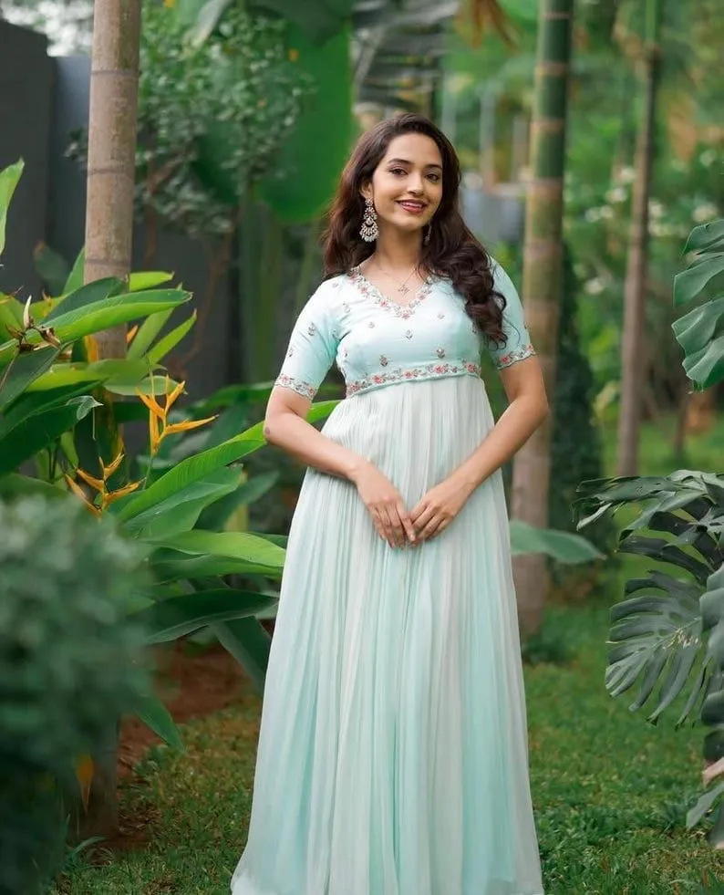 Pastel Blue Pleated Designer Maxi Dress | Floral Hand-Embroidered Ethnic Gown | Elegant Party Wear for Women