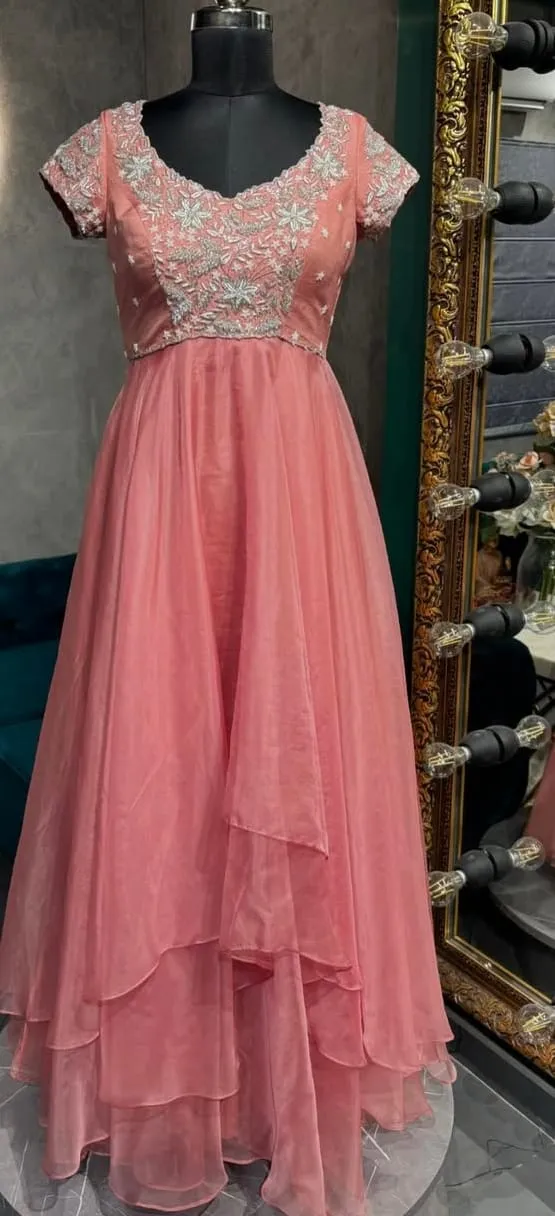 Pastel Pink Layered Gown with Heavy Silver Floral Embroidery | Handcrafted Ethnic Wear