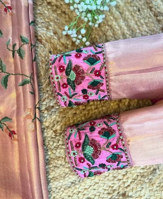 Pastel Pink & Tissue Silk Blouse - Handcrafted Lotus Aari Work Saree Blouse