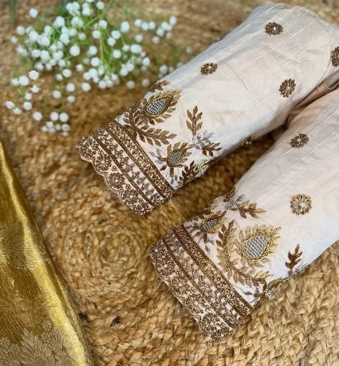 Pastel Silk Aari Work Blouse | Scalloped Cutwork Back Blouse for Golden Saree | Bridal Designer Maggam Blouse | Elegant Wedding Saree Blouse