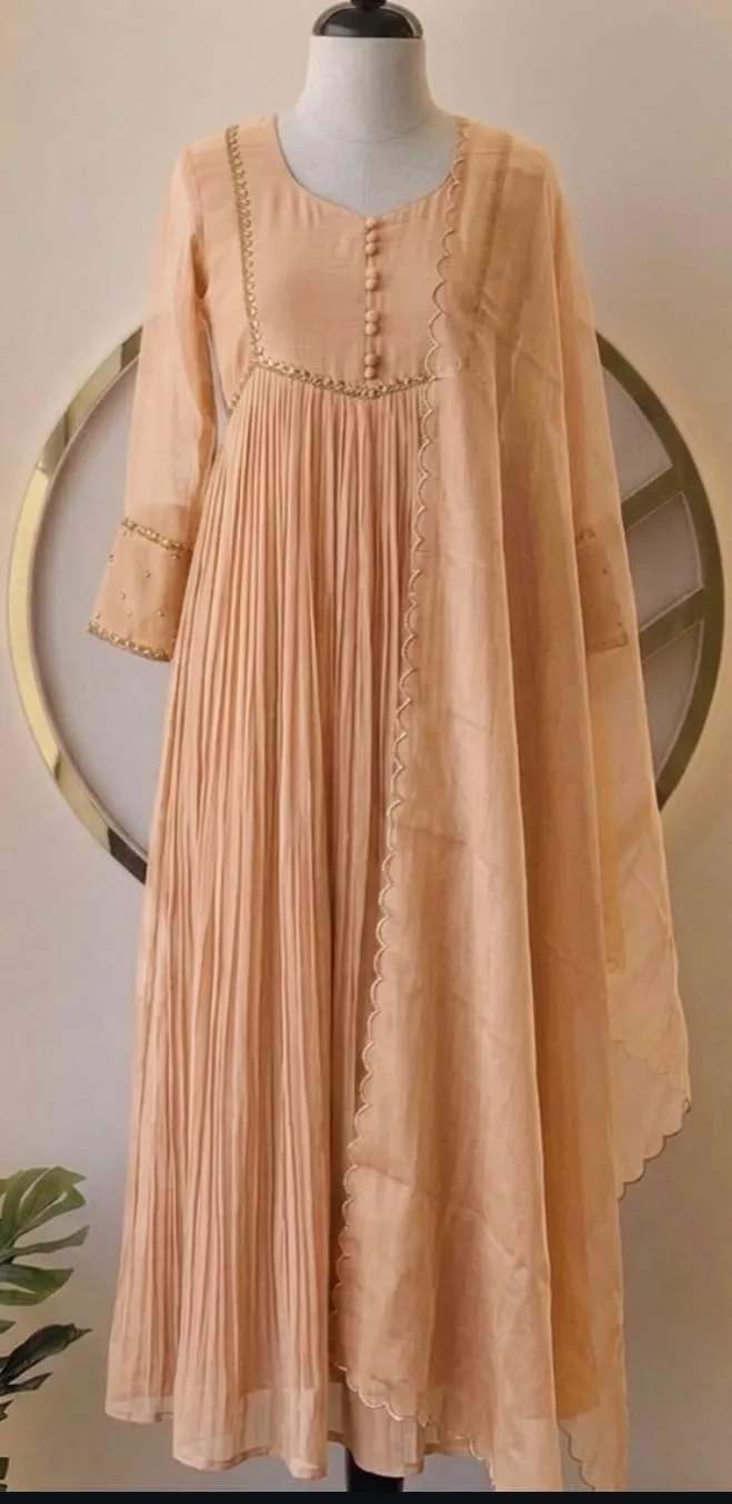 Peach Beige Pleated Georgette Anarkali Suit - Potli Button Yoke Long Frock with Scalloped Dupatta