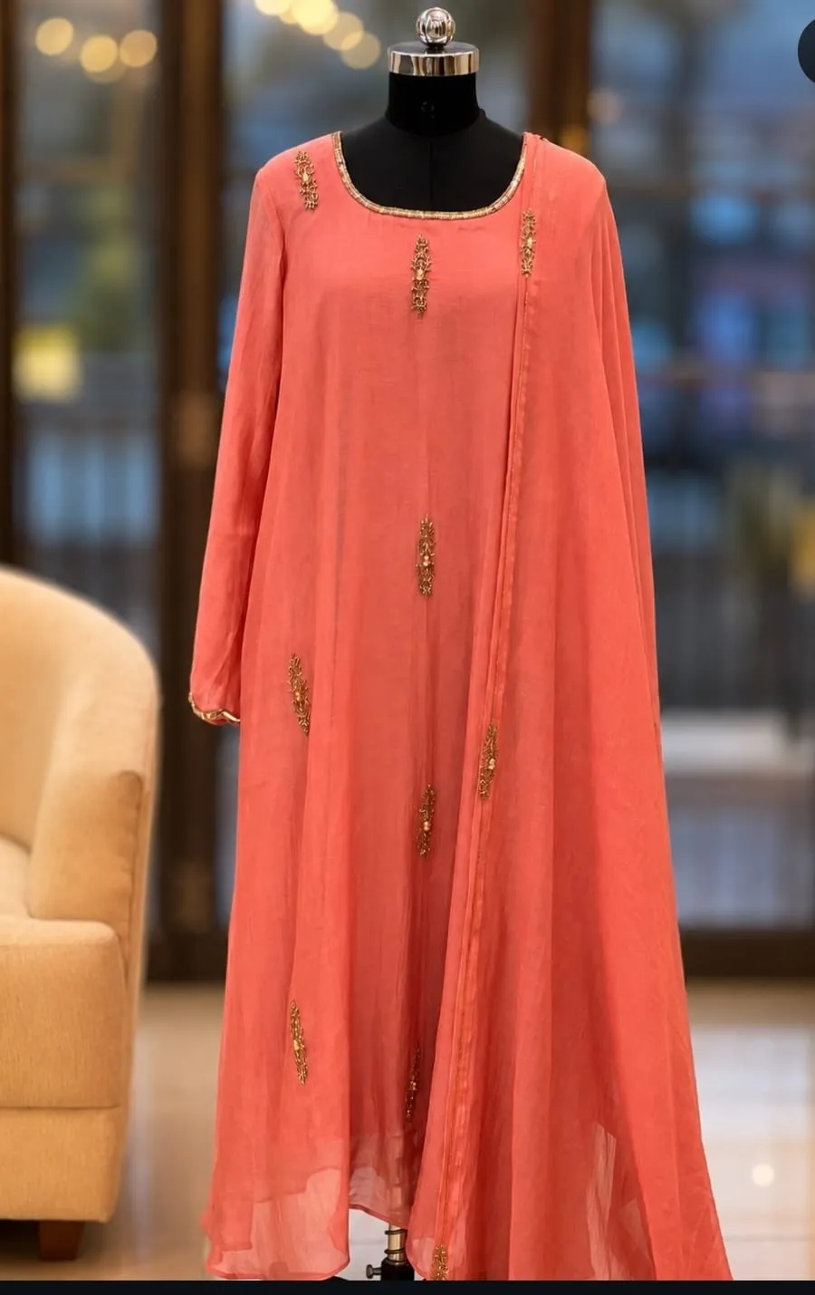 Peach Coral Pink Organza Long Frock Suit | Handcrafted Gold Zardozi & Kundan Work 1