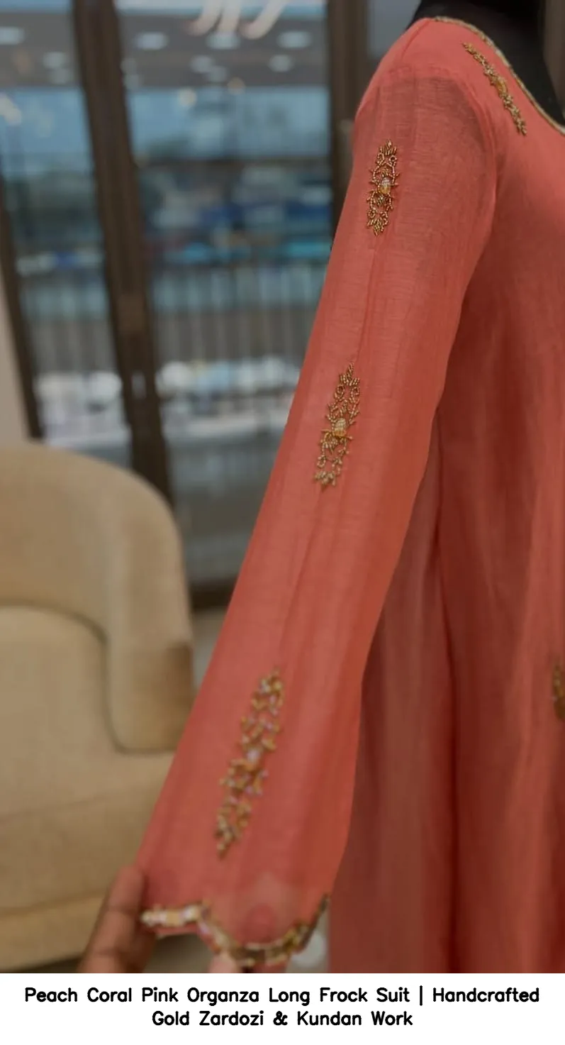 Peach Coral Pink Organza Long Frock Suit | Handcrafted Gold Zardozi & Kundan Work 2