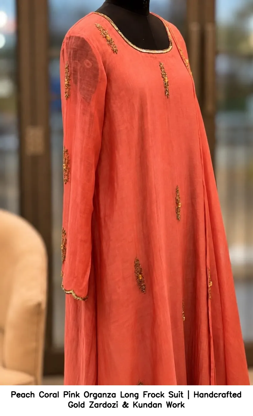Peach Coral Pink Organza Long Frock Suit | Handcrafted Gold Zardozi & Kundan Work 3