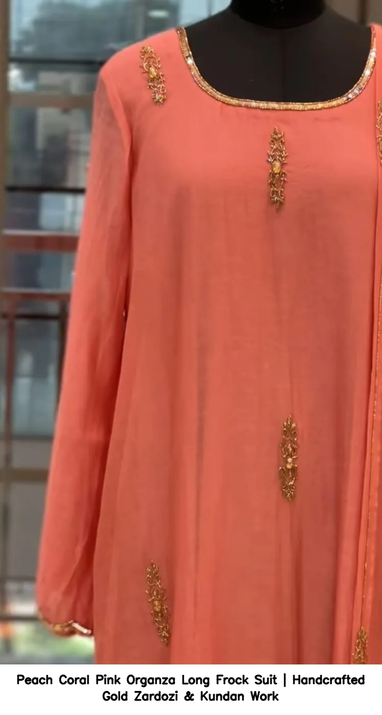 Peach Coral Pink Organza Long Frock Suit | Handcrafted Gold Zardozi & Kundan Work 4