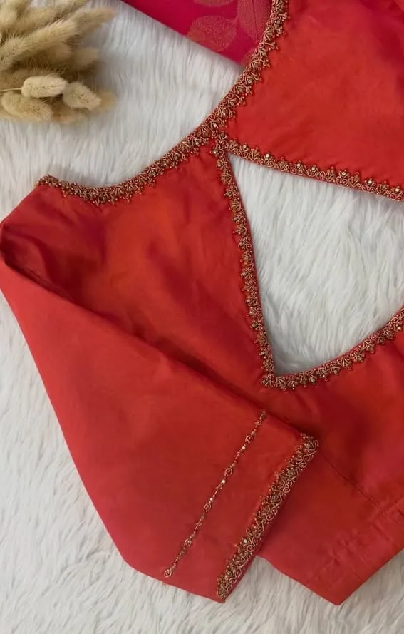 Peach Coral Silk Aari Work Blouse | Simple Embroidered Blouse for Silk Saree | Modern Diamond Cutout Back Blouse | Readymade Designer Blouse 1