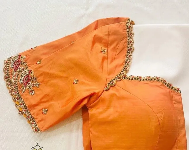 Peach Orange Raw Silk Saree Blouse with Paisley Maggam Work | Cutout Back Scalloped Silk Blouse