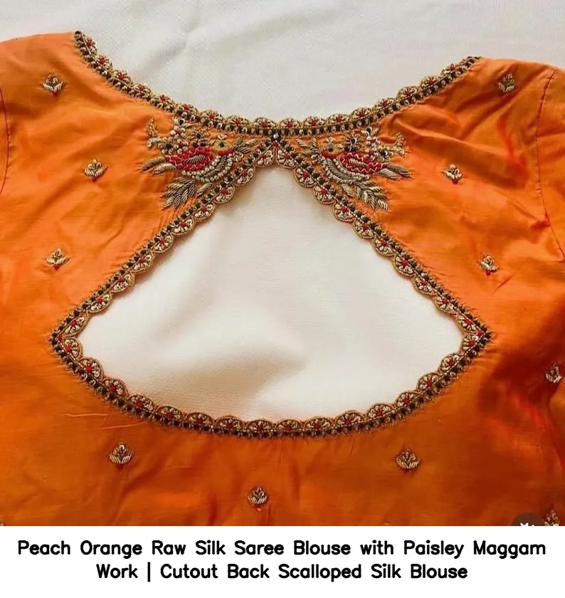Peach Orange Raw Silk Saree Blouse with Paisley Maggam Work | Cutout Back Scalloped Silk Blouse 3