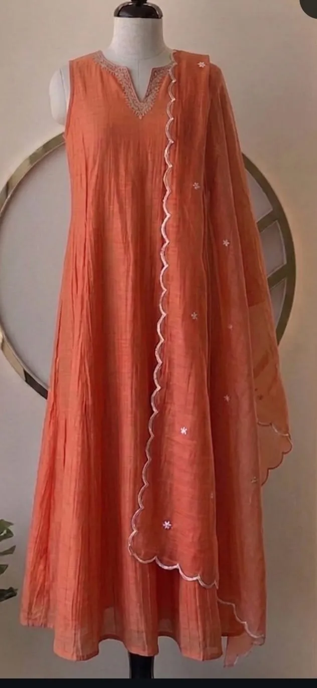 Peach Sleeveless Silk Anarkali Suit - Silver Embroidered V-Neck Frock with Scalloped Organza Dupatta