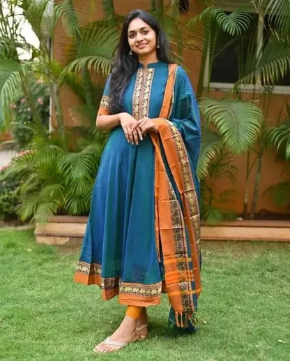 Peacock Blue Chanderi Silk Anarkali Suit Set with Zari Dupatta | Ethnic Dress Set