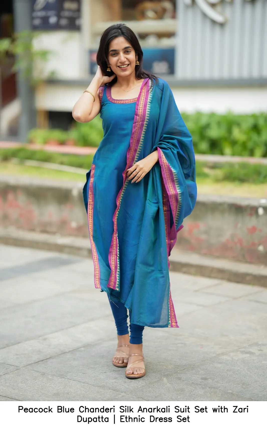 Peacock Blue Chanderi Silk Anarkali Suit Set with Zari Dupatta | Ethnic Dress Set 2