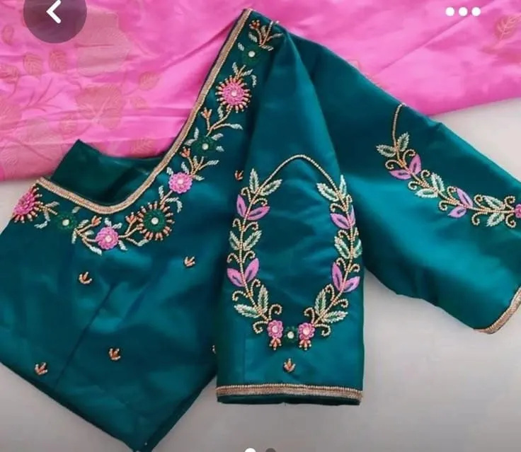 Peacock Blue Silk Blouse with Contrast Pink Floral Work for Pink Silk Sarees