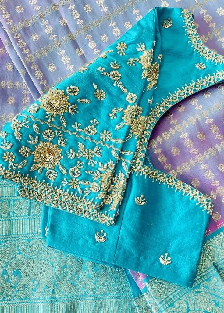 Peacock Blue Silk Maggam Work Blouse - Gold Zardosi Floral Hand Embroidered Saree Blouse with Sequin Detailing 1