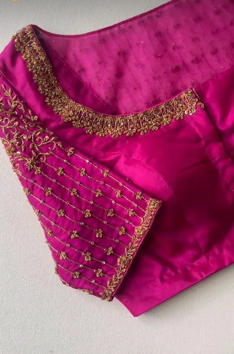 Pink Designer Blouse | Heavy Hand-Embroidered Zardosi Net Blouse | Elegant Bridal & Festive Ethnic Wear