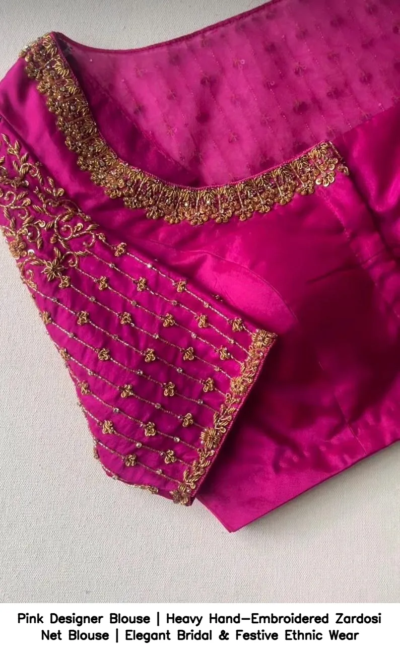Pink Designer Blouse | Heavy Hand-Embroidered Zardosi Net Blouse | Elegant Bridal & Festive Ethnic Wear 2