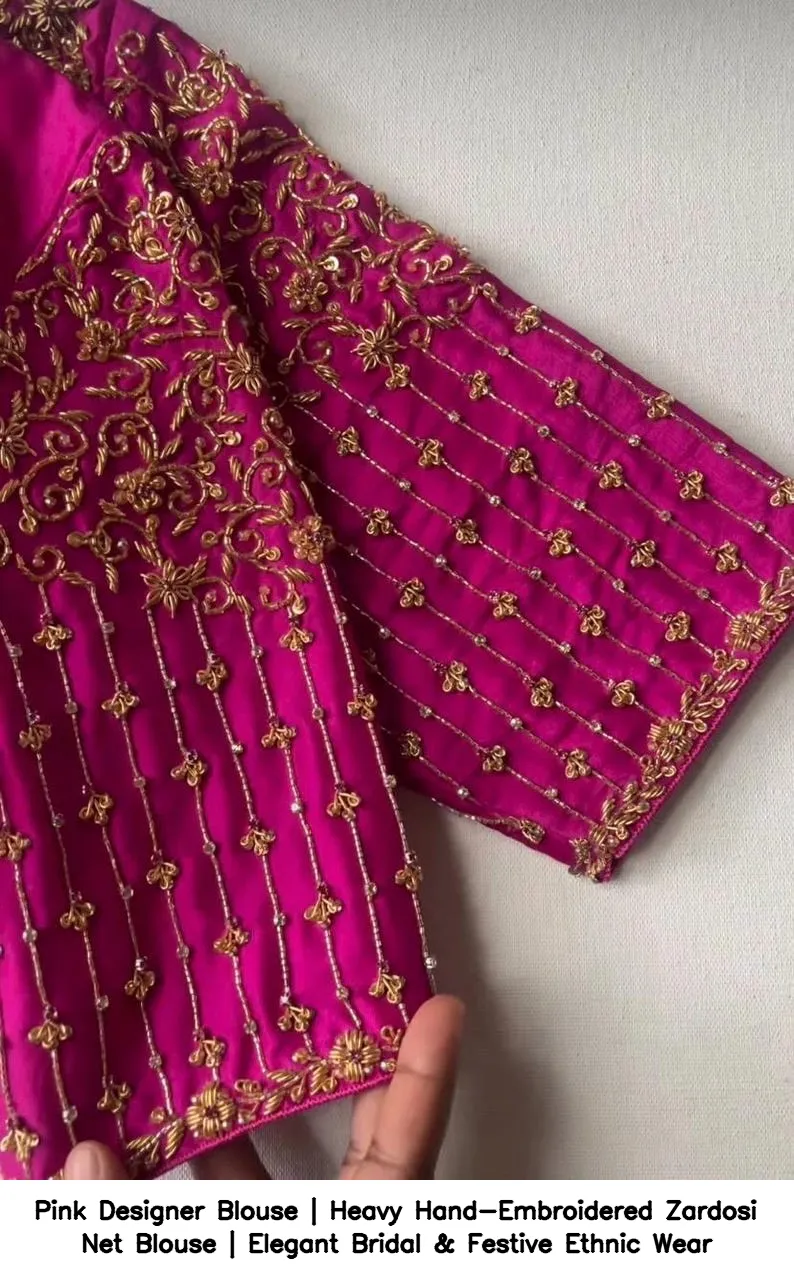 Pink Designer Blouse | Heavy Hand-Embroidered Zardosi Net Blouse | Elegant Bridal & Festive Ethnic Wear 3
