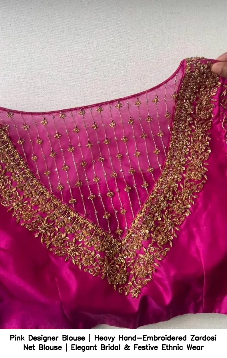 Pink Designer Blouse | Heavy Hand-Embroidered Zardosi Net Blouse | Elegant Bridal & Festive Ethnic Wear 4