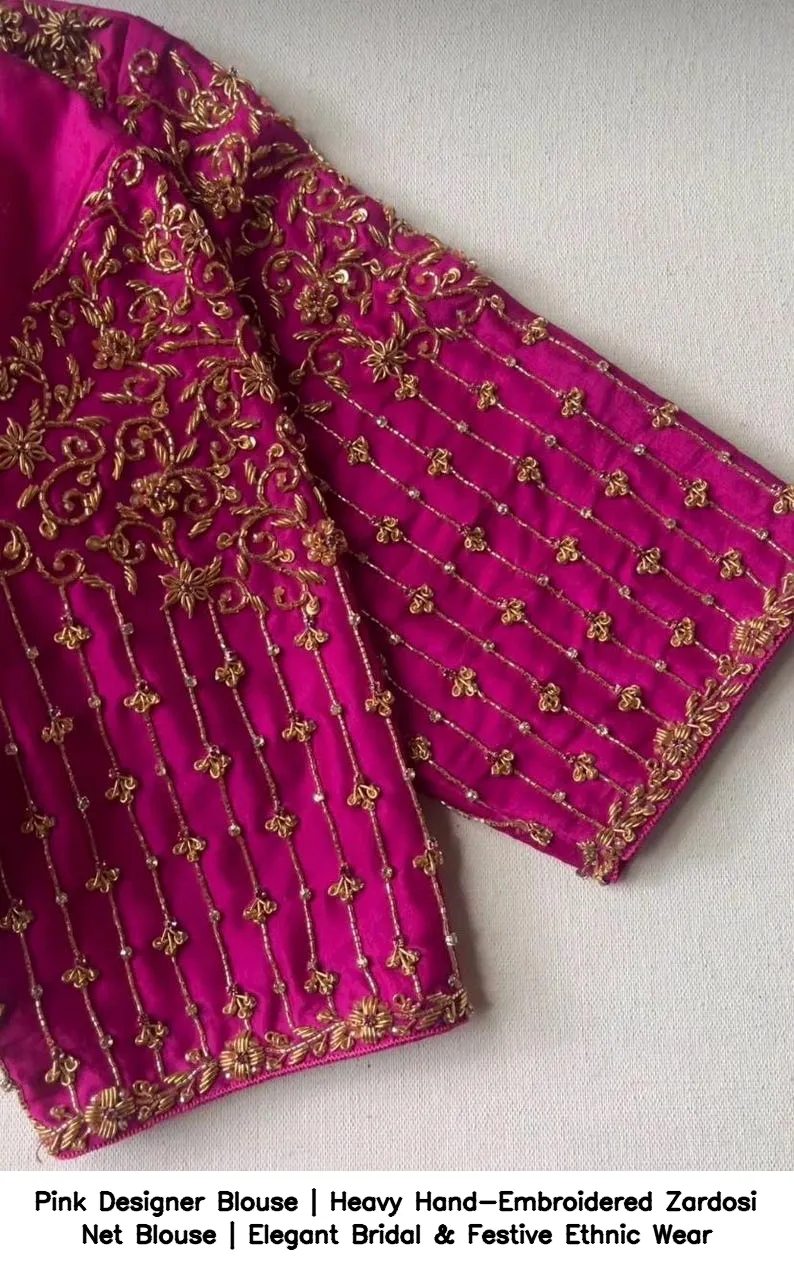 Pink Designer Blouse | Heavy Hand-Embroidered Zardosi Net Blouse | Elegant Bridal & Festive Ethnic Wear 5