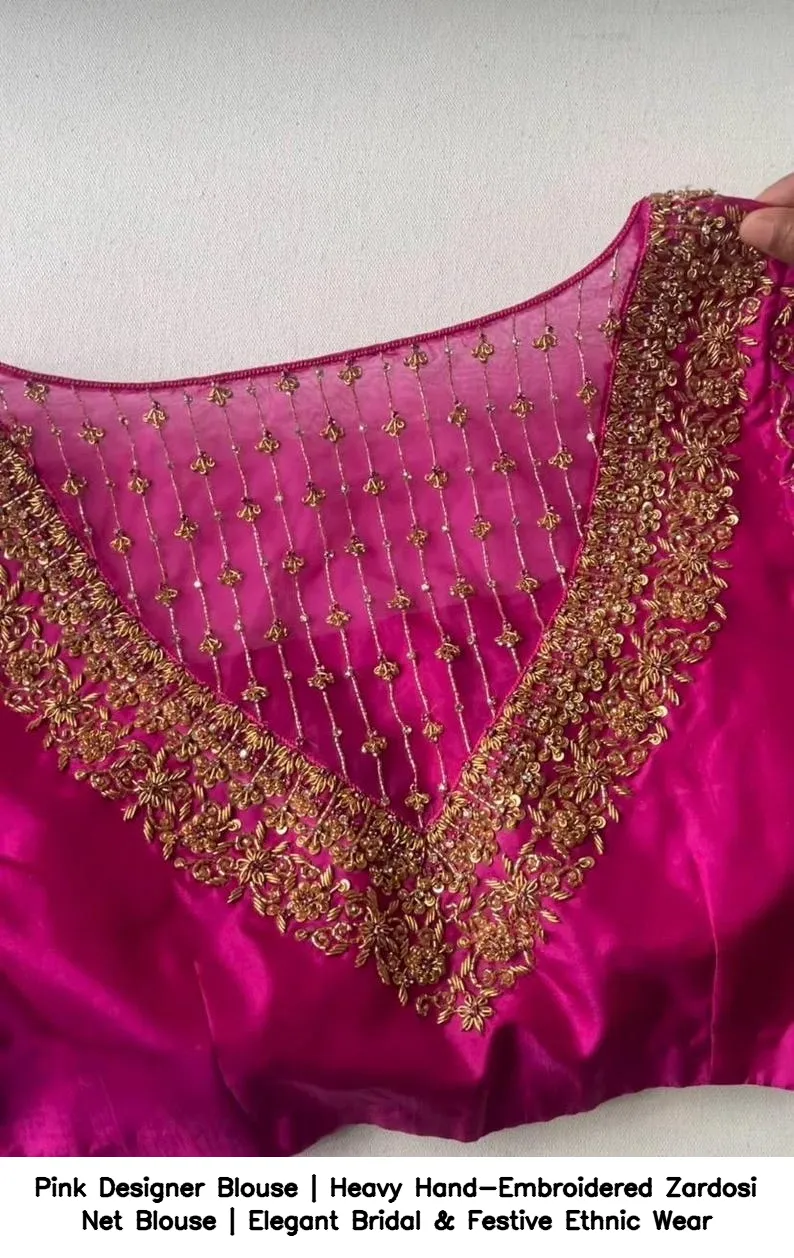 Pink Designer Blouse | Heavy Hand-Embroidered Zardosi Net Blouse | Elegant Bridal & Festive Ethnic Wear 6