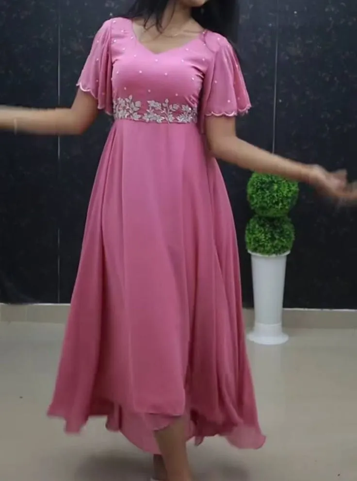 Pink Embroidered Maxi Dress with Flutter Sleeves – Designer Partywear Anarkali Gown