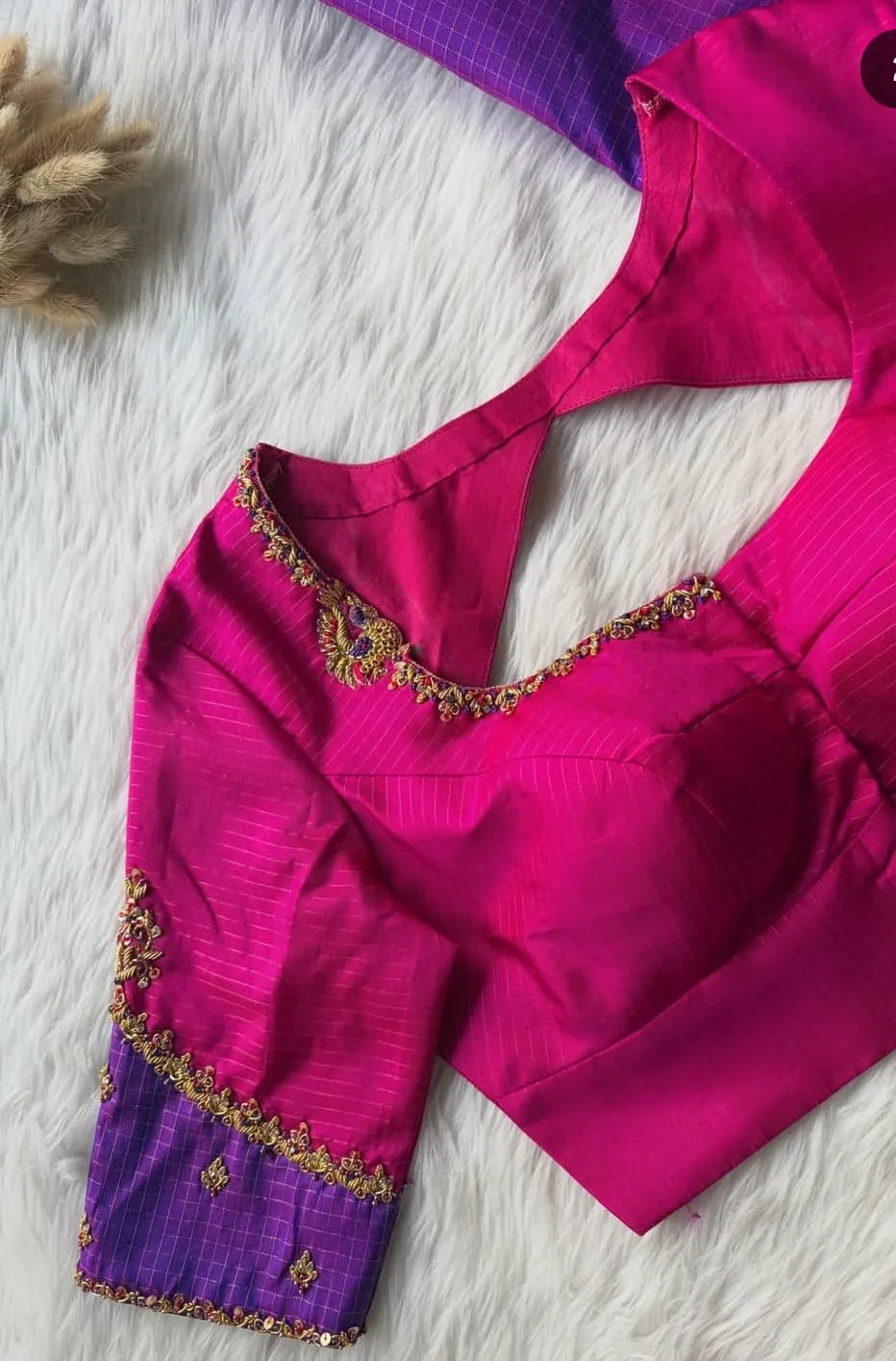 Pink & Purple Designer Blouse | Hand-Embroidered Peacock Motif Work