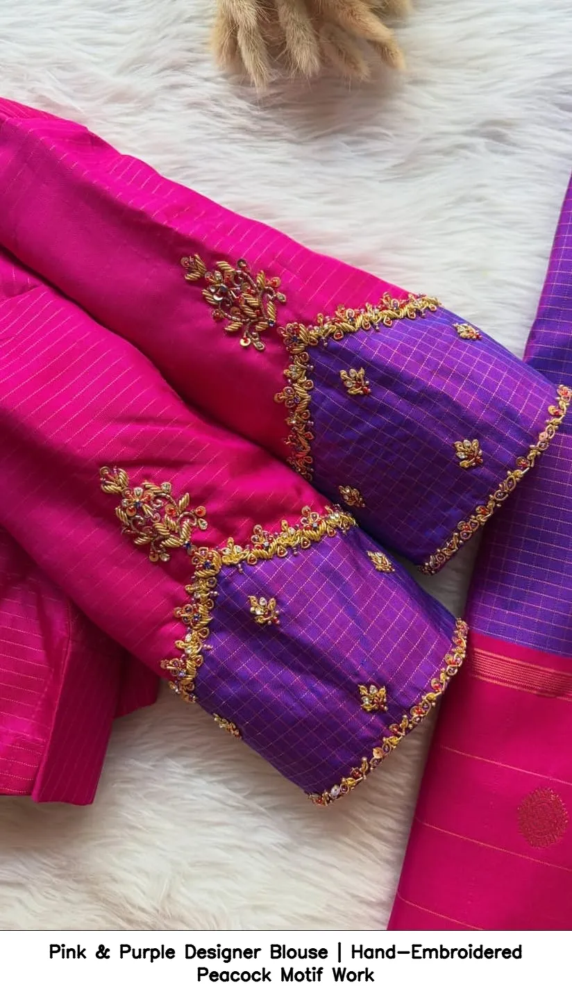 Pink & Purple Designer Blouse | Hand-Embroidered Peacock Motif Work 2
