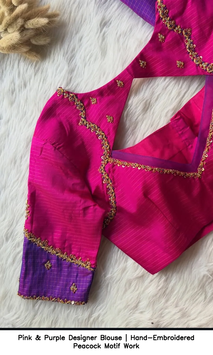 Pink & Purple Designer Blouse | Hand-Embroidered Peacock Motif Work 3