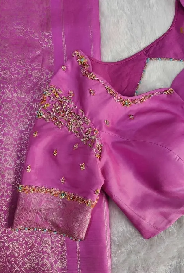 Pink Raw Silk Readymade Saree Blouse with Maggam Floral Embroidery & Keyhole Back