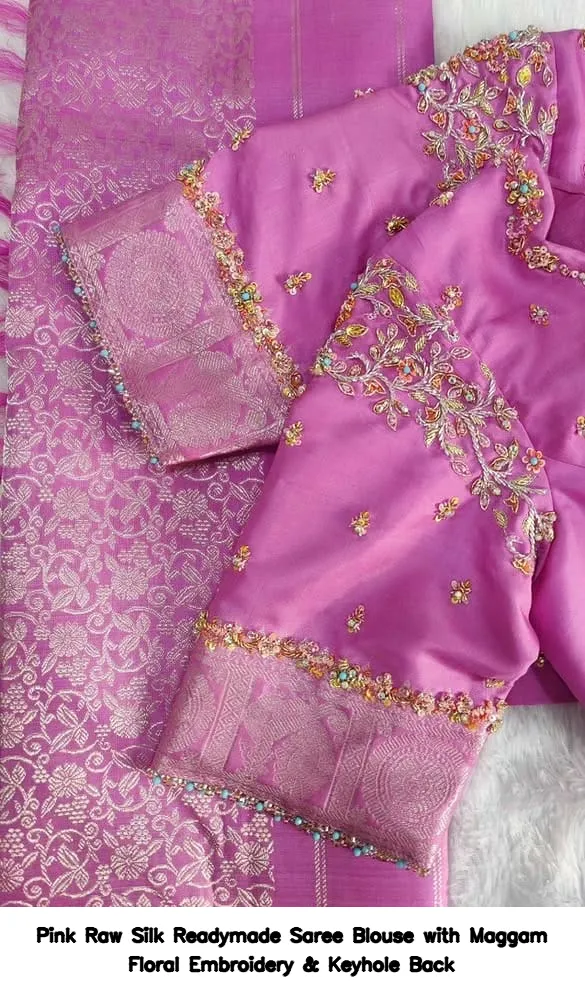Pink Raw Silk Readymade Saree Blouse with Maggam Floral Embroidery & Keyhole Back 2